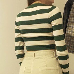 ZARA CROPPED RIBBED SWEATER  Long Sleeve Fitted  Stripe White Green